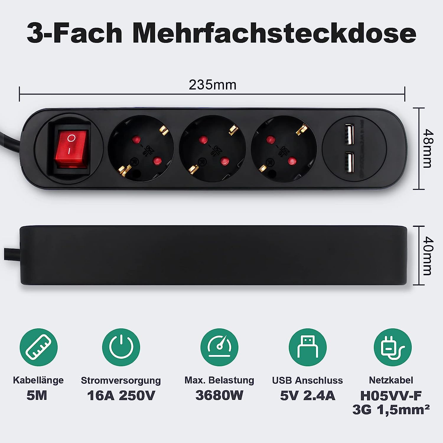 3-fach-Steckdose 12 V 2 x USB Steckplätze 5 V 500mA