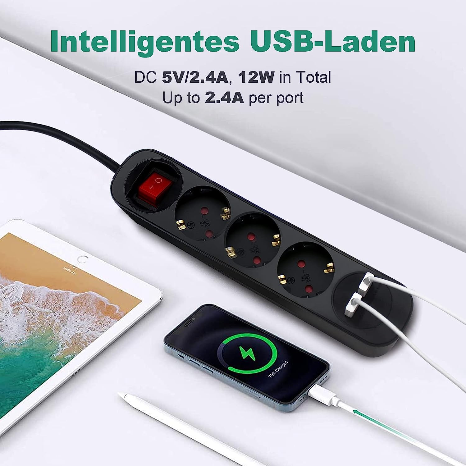 Steckdosenleiste 3-fach mit 2 USB-Ladeports, weiß